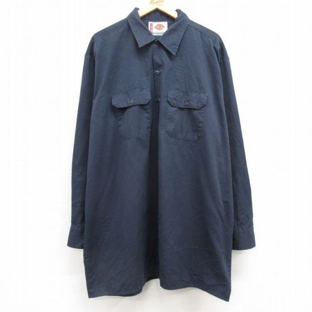 XL★古着 ディッキーズ Dickies 長袖 ワーク シャツ メンズ 大きいサイズ ロング丈 紺 ネイビー 25feb25 中古 トップス