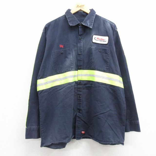 XL★古着 レッドキャップ 長袖 ワーク シャツ メンズ Ryder リフレクター 大きいサイズ コットン 紺 ネイビー 25feb25 中古 トップス