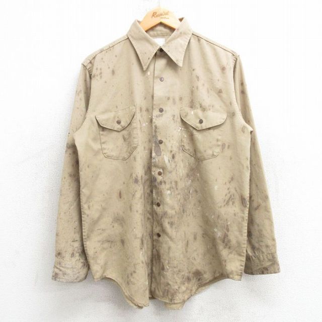 L★古着 オシュコシュ OSHKOSH 長袖 ワーク シャツ メンズ 80年代 80s ベージュ系 カーキ 25feb25 中古 トップス