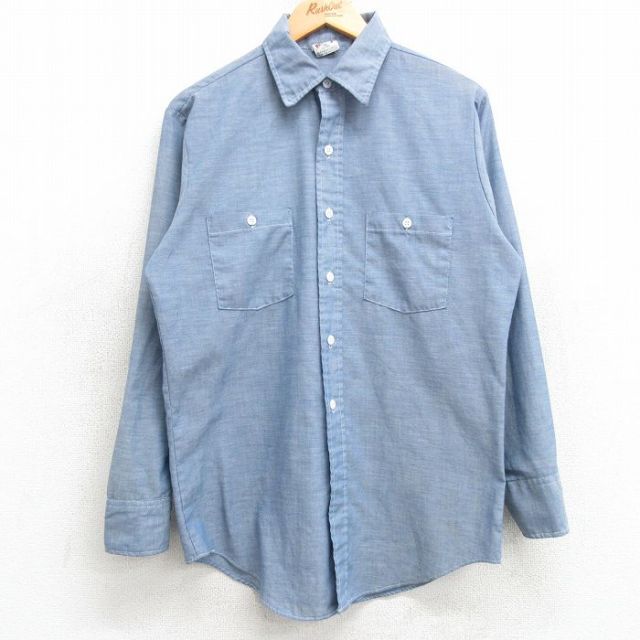 M★古着 長袖 シャンブレー シャツ メンズ 80年代 80s 薄紺 ネイビー 25feb25 中古 トップス