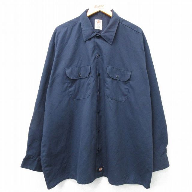 XL★古着 ディッキーズ Dickies 長袖 ワーク シャツ メンズ 大きいサイズ ロング丈 紺 ネイビー 25feb25 中古 トップス