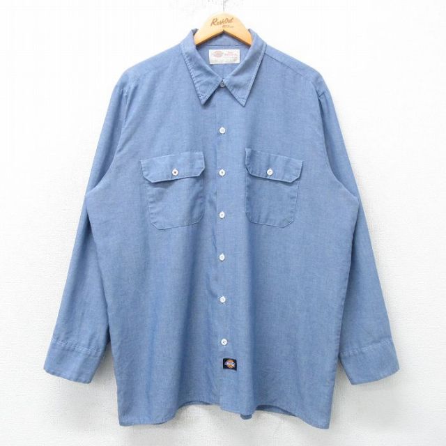 XL★古着 ディッキーズ Dickies 長袖 ワーク シャンブレー シャツ メンズ ロング丈 薄紺 ネイビー 25feb25 中古 トップス