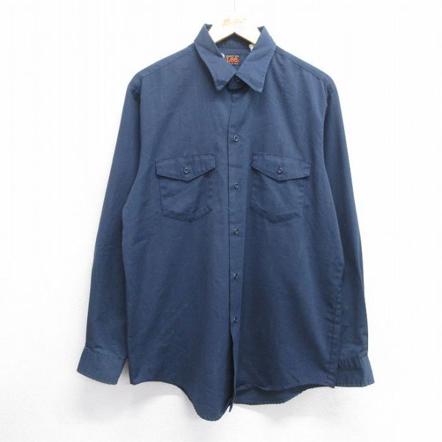 L★古着 リー Lee 長袖 ビンテージ ワーク シャツ メンズ 70年代 70s 紺 ネイビー 【spe】 25feb27 中古 トップス
