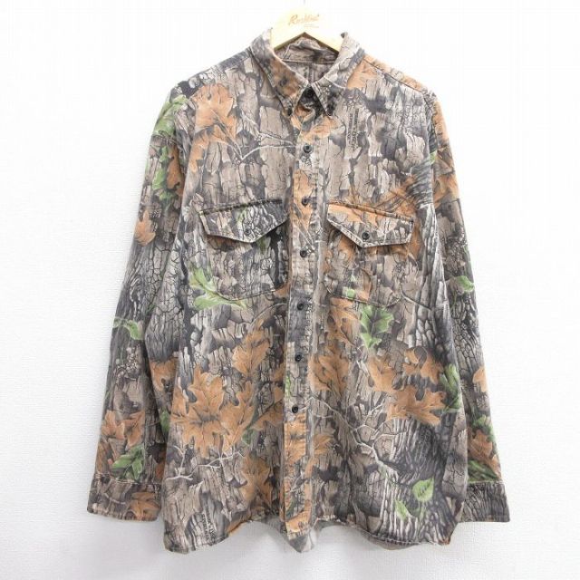 XL★古着 長袖 ハンティング シャツ メンズ 90年代 90s TREBARK 大きいサイズ ボタンダウン 茶他 ブラウン 迷彩 25feb27 中古 トップス