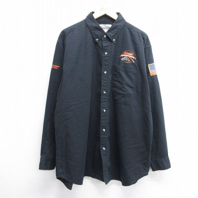 【50%OFF】XL★古着 長袖 ワーク シャツ メンズ INTERMODAL 大きいサイズ ロング丈 ボタンダウン 黒 ブラック 25feb27 中古 トップス