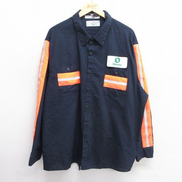 XL★古着 長袖 ワーク シャツ メンズ Oldcastle リフレクター 大きいサイズ ロング丈 紺 ネイビー 25mar05 中古 トップス