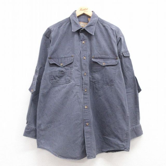 XL★古着 長袖 ワーク シャツ メンズ ロング丈 コットン 紺 ネイビー 25mar14 中古 トップス