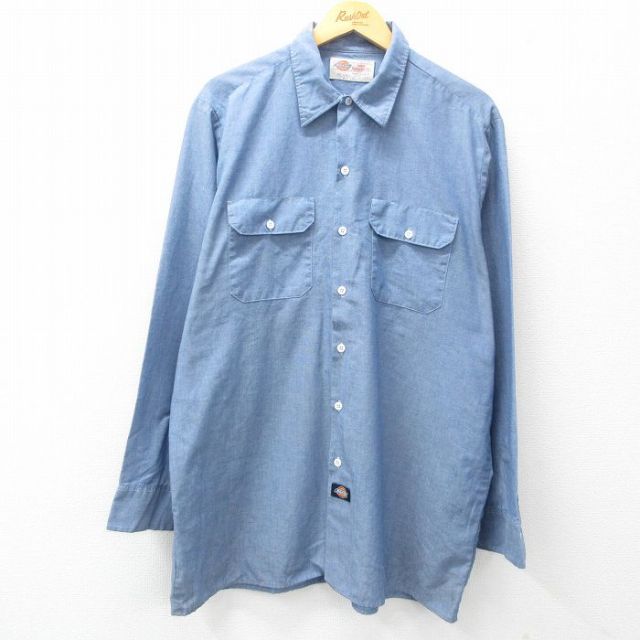 XL★古着 ディッキーズ Dickies 長袖 ワーク シャンブレー シャツ メンズ 00年代 00s ロング丈 紺 ネイビー 25mar15 中古 トップス