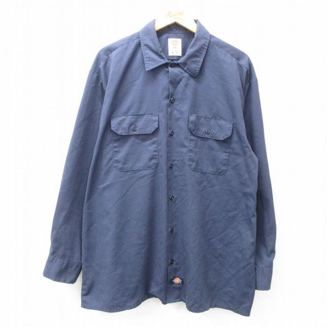 L★古着 ディッキーズ Dickies 長袖 ワーク シャツ メンズ ロング丈 濃紺 ネイビー 25mar15 中古 トップス