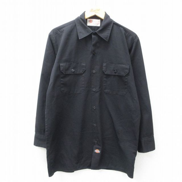 M★古着 ディッキーズ Dickies 長袖 ワーク シャツ メンズ ロング丈 黒 ブラック 25mar15 中古 トップス