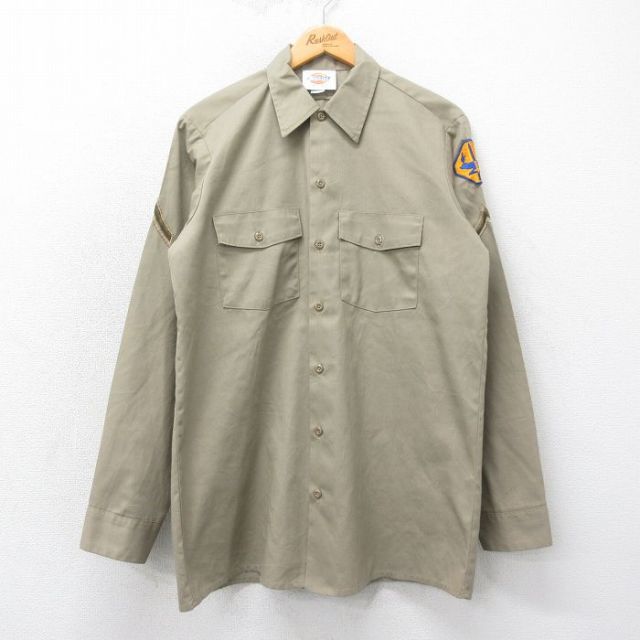 【20%OFF】L★古着 ディッキーズ Dickies 長袖 ワーク シャツ メンズ 90年代 90s ロング丈 USA製 ベージュ カーキ 25mar18 中古 トップス
