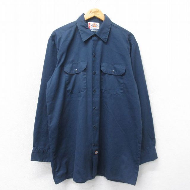 XL★古着 ディッキーズ Dickies 長袖 ワーク シャツ メンズ 00年代 00s ロング丈 紺 ネイビー 25mar18 中古 トップス