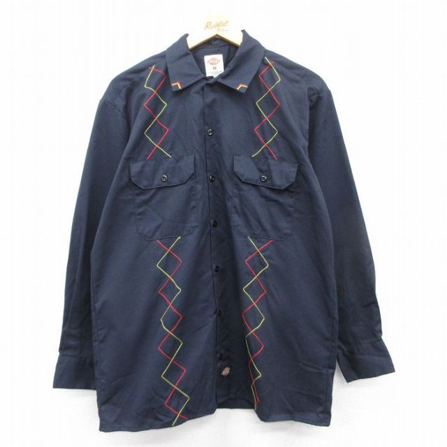L★古着 ディッキーズ Dickies 長袖 ワーク シャツ メンズ 刺繍 紺系他 ネイビー 25mar26 中古 トップス