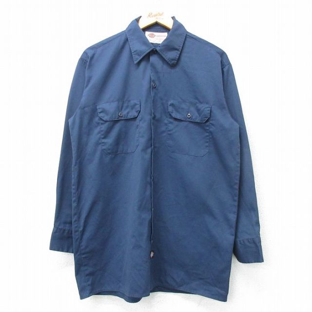 L★古着 ディッキーズ Dickies 長袖 ワーク シャツ メンズ 00年代 00s ロング丈 紺 ネイビー 25apr01 中古 トップス
