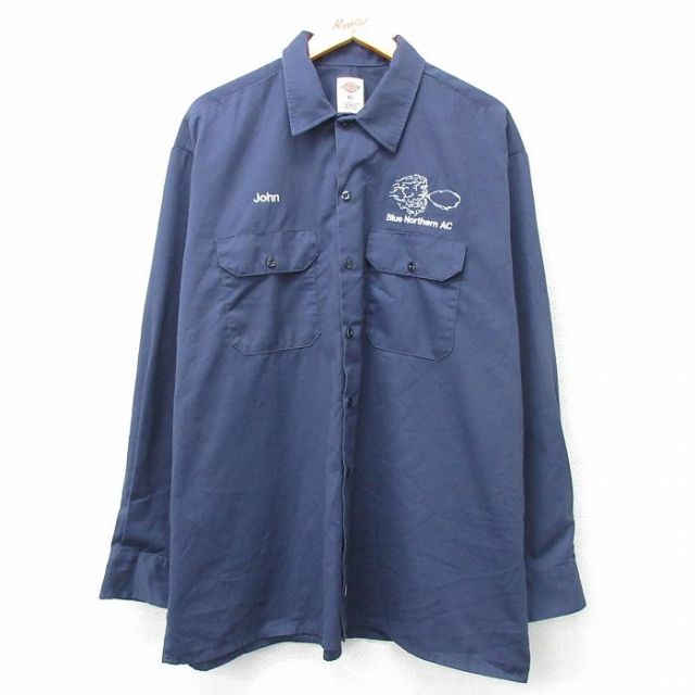 XL★古着 ディッキーズ Dickies 長袖 ワーク シャツ メンズ 大きいサイズ ロング丈 紺 ネイビー 25apr01 中古 トップス