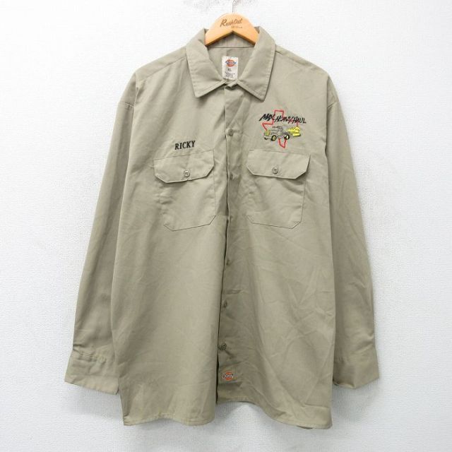 【50%OFF】XL★古着 ディッキーズ Dickies 長袖 ワーク シャツ メンズ MAX トラック 大きいサイズ ロング丈 ベージュ系 カーキ 25apr01 中古 トップス