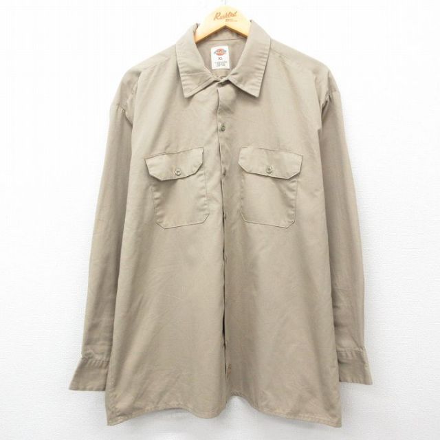 XL★古着 ディッキーズ Dickies 長袖 ワーク シャツ メンズ 大きいサイズ ベージュ カーキ 25may08 中古 トップス