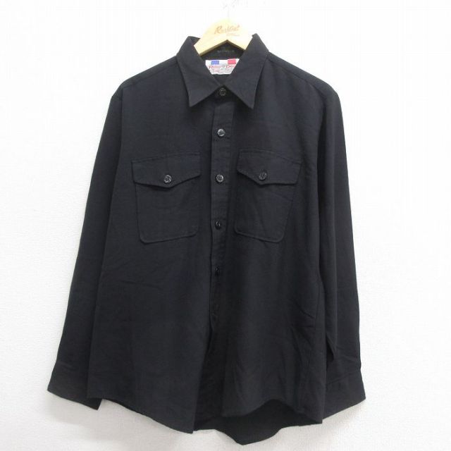 L★古着 長袖 ワーク シャツ メンズ 80年代 80s USA製 黒 ブラック 25may26 中古 トップス
