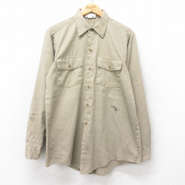 L★古着 ディッキーズ Dickies 長袖 ワーク シャツ メンズ 90年代 90s USA製 ベージュ カーキ 25jun13 中古 トップス
