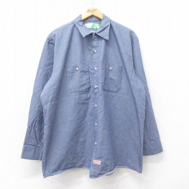 L★古着 レッドキャップ 長袖 ワーク シャツ メンズ 00年代 00s コットン 薄紺他 ネイビー ストライプ 25jun13 中古 トップス