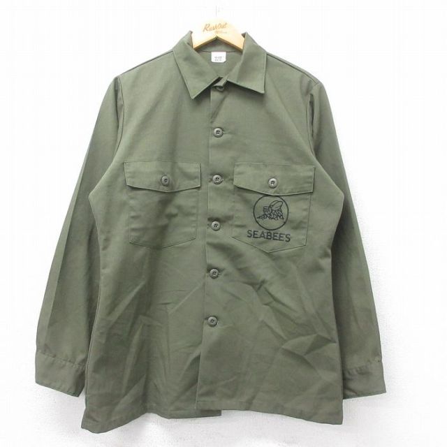 L★古着 長袖 ミリタリー シャツ メンズ 80年代 80s SEABEES 刺繍 ユーティリティ USA製 緑系 グリーン 【spe】 25jun28 中古 トップス