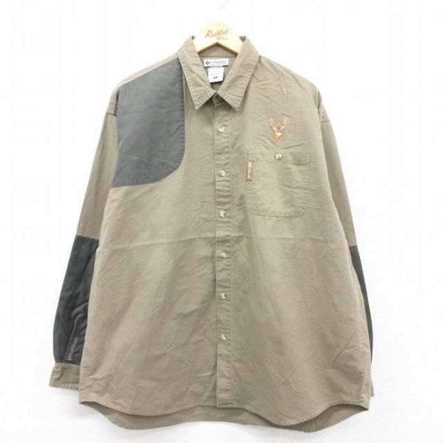 XL★古着 コロンビア COLUMBIA 長袖 ハンティング シャツ メンズ 00年代 00s シカ 大きいサイズ ロング丈 コットン ベージュ他 カーキ 25aug18 中古 トップス