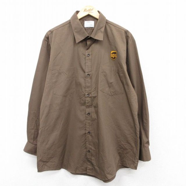 XL★古着 長袖 ワーク シャツ メンズ ups 大きいサイズ ロング丈 茶 ブラウン 25aug18 中古 トップス