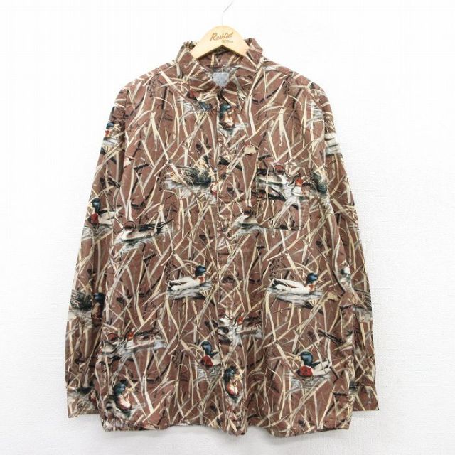 XL★古着 コロンビア COLUMBIA 長袖 ハンティング シャツ メンズ 鳥 総柄 大きいサイズ ロング丈 ボタンダウン 茶他 ブラウン 25aug18 中古 トップス