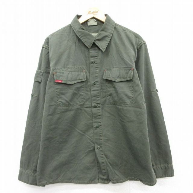 L★古着 長袖 ミリタリー シャツ メンズ 濃緑 グリーン 25aug26 中古 トップス