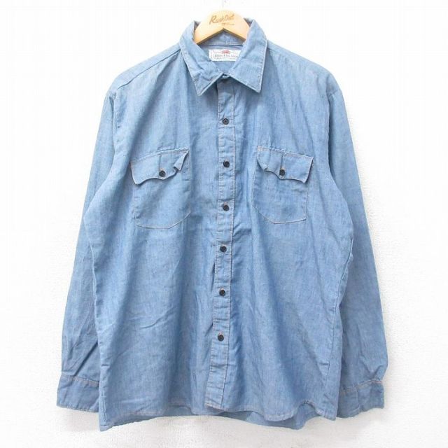 XL★古着 フルーツオブザルーム 長袖 シャンブレー シャツ メンズ 80年代 80s 大きいサイズ 薄紺 ネイビー 【spe】 25sep01 中古 トップス
