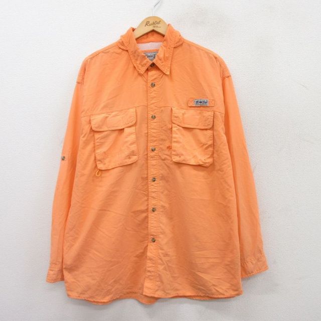 XL★古着 長袖 フィッシング シャツ メンズ 大きいサイズ ロング丈 オレンジ 25sep18 中古 トップス