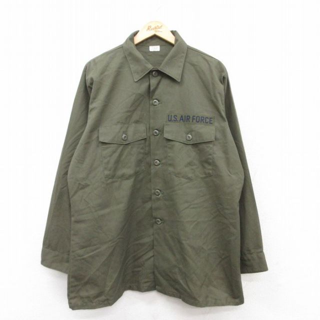 XL★古着 長袖 ミリタリー シャツ メンズ 80年代 80s USエアフォース ユーティリティ 大きいサイズ ロング丈 USA製 緑系 グリーン 25sep18 中古 トップス