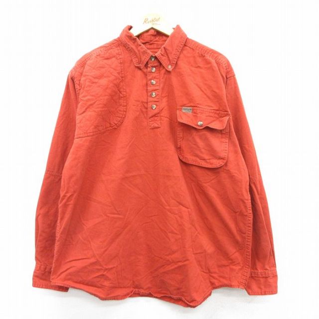 XL★古着 長袖 ハンティング シャツ メンズ 肩当て 大きいサイズ コットン ボタンダウン オレンジ系 25sep18 中古 トップス