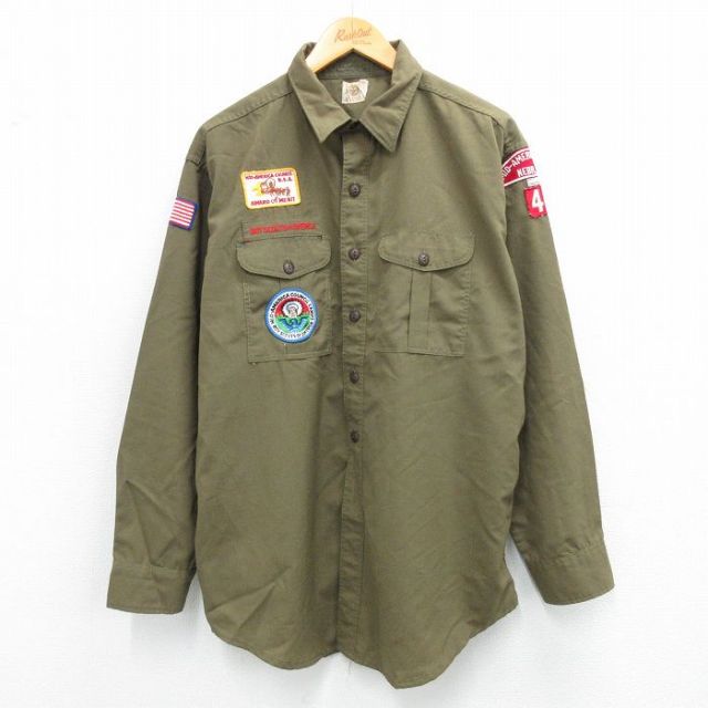 XL★古着 長袖 ボーイスカウト シャツ メンズ 80年代 80s ロング丈 緑系 グリーン 25sep19 中古 トップス