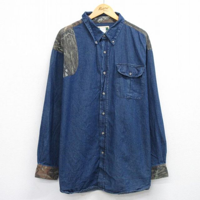 XL★古着 長袖 ハンティング シャツ メンズ モッシーオーク 大きいサイズ ロング丈 コットン ボタンダウン 紺 ネイビー デニム他 25oct02 中古 トップス
