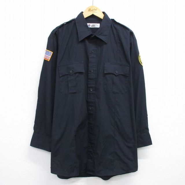 XL★古着 長袖 ワーク シャツ メンズ ポリス 大きいサイズ ロング丈 黒 ブラック 25oct02 中古 トップス