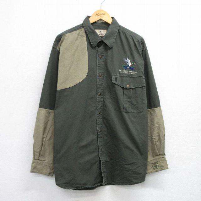 XL★古着 BROWNING 長袖 ハンティング シャツ メンズ 鳥 ツートンカラー 肩当て 大きいサイズ ロング丈 緑系他 グリーン 【spe】 25oct02 中古 トップス