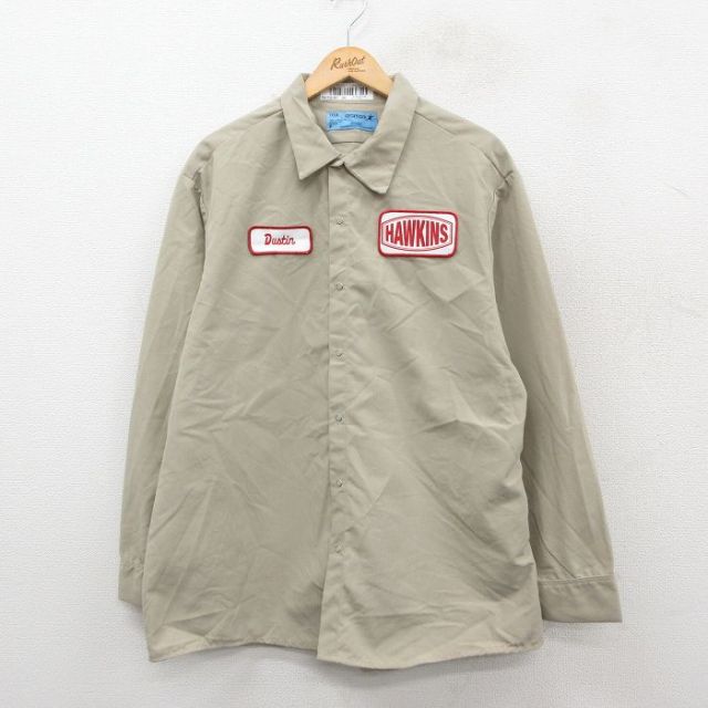 XL★古着 長袖 ワーク シャツ メンズ ホーキンズ 大きいサイズ ロング丈 コットン ベージュ カーキ 25oct11 中古 トップス