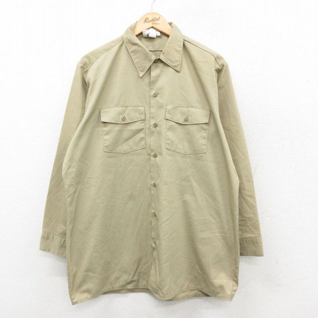 【20%OFF】XL★古着 ディッキーズ Dickies 長袖 ワーク シャツ メンズ 90年代 90s　ロング丈 USA製 ベージュ カーキ 25oct11 中古 トップス
