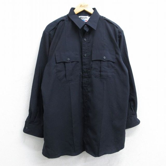 XL★古着 ブラウアー Blauer 長袖 ワーク シャツ メンズ 90年代 90s 大きいサイズ ロング丈 濃紺 ネイビー 25oct27 中古 トップス