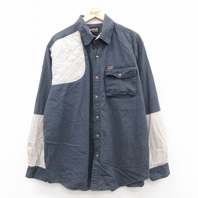 XL★古着 長袖 ハンティング シャツ メンズ 大きいサイズ ロング丈 コットン ツートンカラー 濃グレー系他 25oct31 中古 トップス