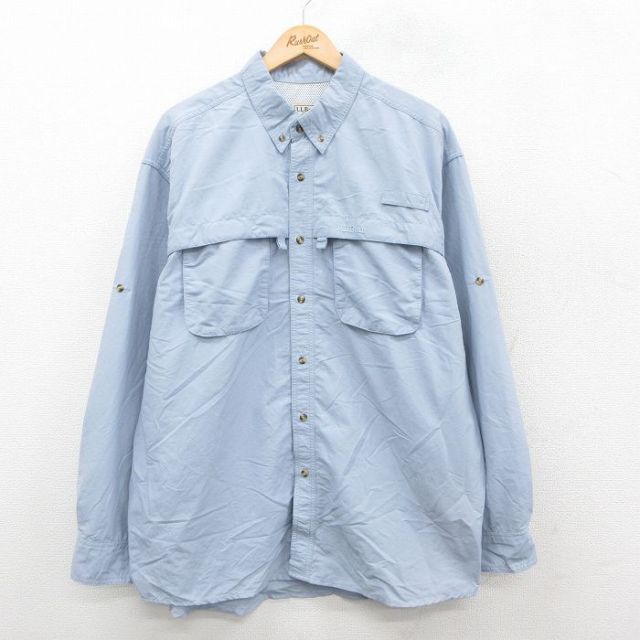 【20%OFF】XL★古着 エルエルビーン LLBEAN 長袖 フィッシング シャツ メンズ 00年代 00s ワンポイントロゴ 大きいサイズ ロング丈 ボタンダウン 薄紺 ネイビー 内側メッシュ 25oct31 中古 トップス