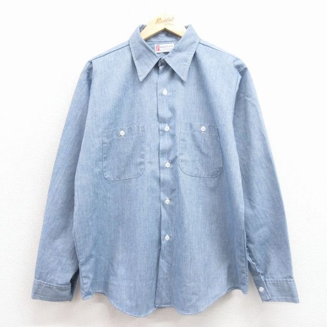 L★古着 長袖 シャンブレー シャツ メンズ 80年代 80s 薄紺【spe】 25nov12