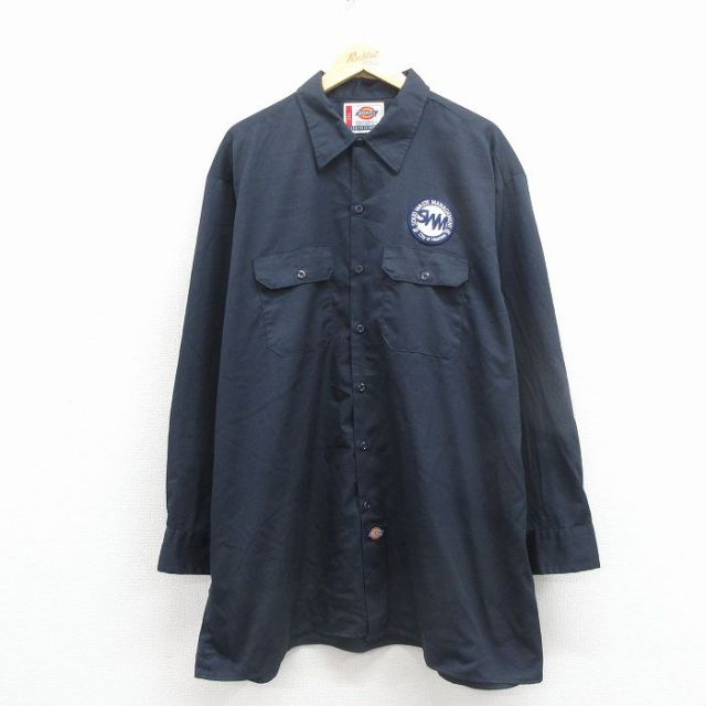 XL★古着 ディッキーズ 長袖 ワーク シャツ メンズ SWM 大きいサイズ ロング丈 紺 25dec10