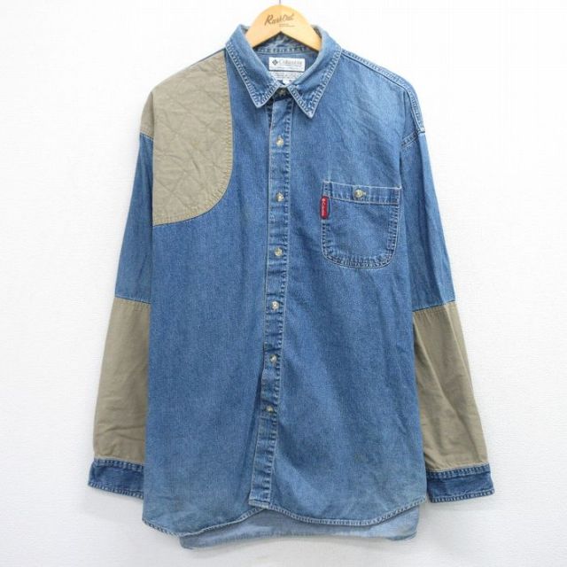 XL★古着 コロンビア 長袖 ハンティング シャツ メンズ 00年代 00s 大きいサイズ ロング丈 コットン 紺 デニム【spe】 26jan19