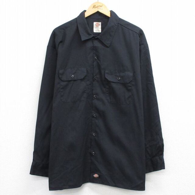 XL★古着 ディッキーズ 長袖 ワーク シャツ メンズ 大きいサイズ ロング丈 黒 26feb25
