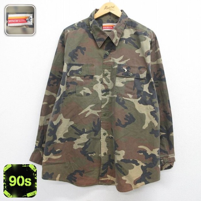 【20%OFF】WINCHESTER 長袖 ハンティング シャツ 90s 鳥 ロング丈 緑 迷彩 メンズXL相当 | 古着