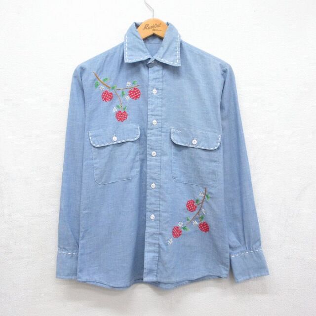 古着通販 S☆古着 長袖 シャンブレー シャツ メンズ 70年代 70s 刺繍