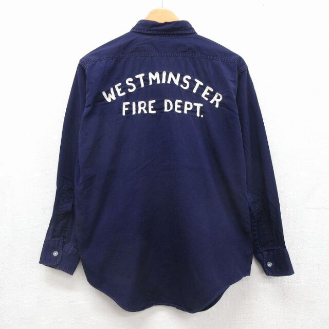 L★古着 長袖 ワーク シャツ メンズ 80年代 80s WESTMINSTER チェーンステッチ刺繍 ネイビー 26aug10