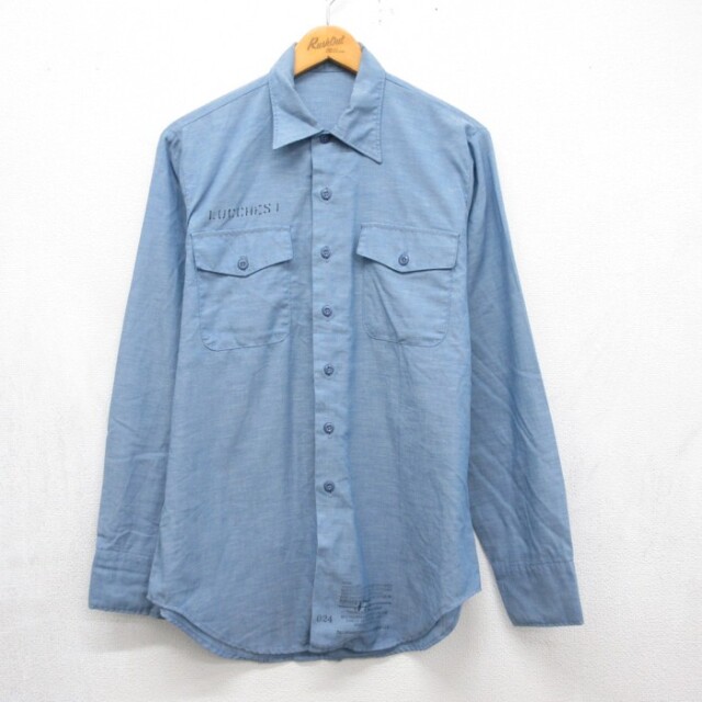M★古着 US NAVY 長袖 シャツ メンズ 80年代 80s ユーティリティ USネイビー シャンブレー ステンシル ライトブルー USA製【spe】 26oct02